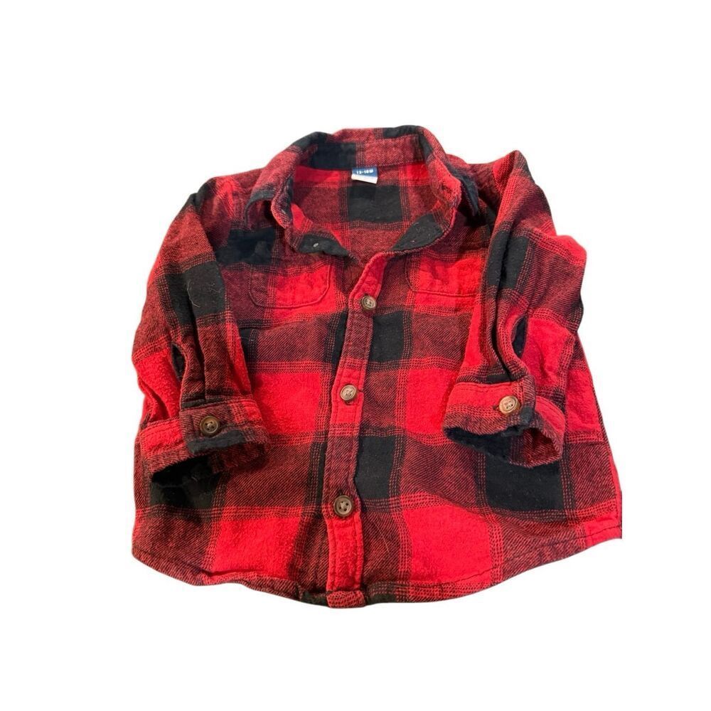 Old navy boys sz 12-18 months buffalo plaid button down shirt flannel red black